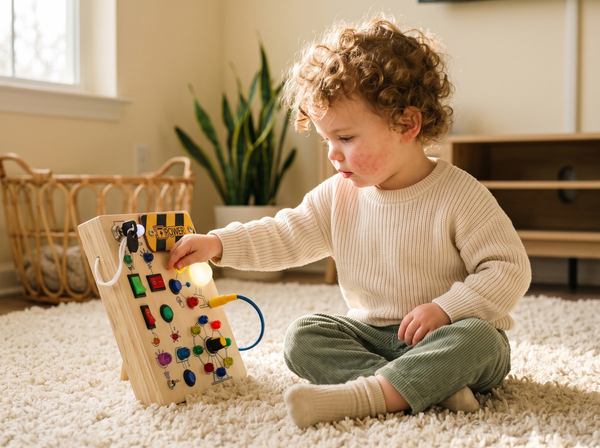Toddler playing with Budling sensory board