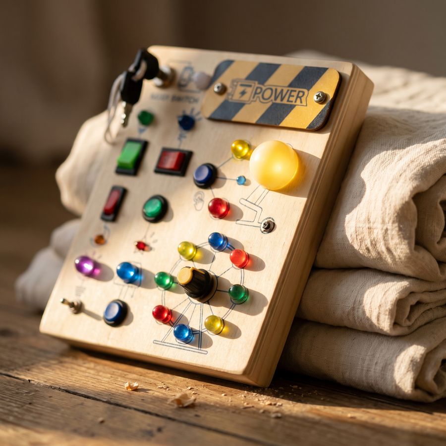 Busy board close-up on linen blankets