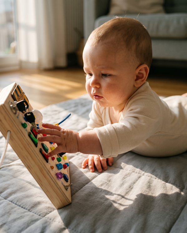 Baby tummy time with busy board