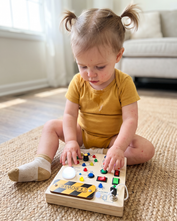 Toddler girl playing with busy board