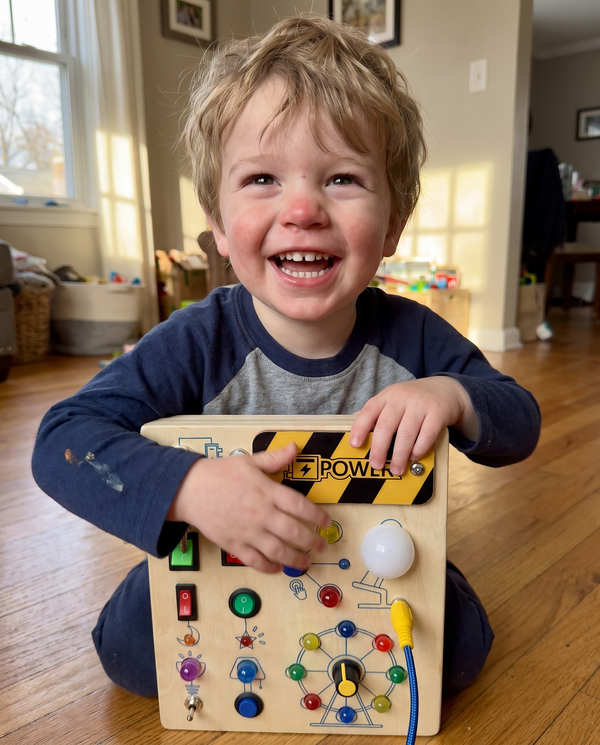 Toddler boy proud with busy board