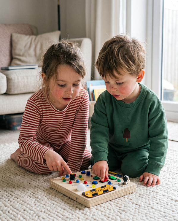 Siblings playing with busy board together